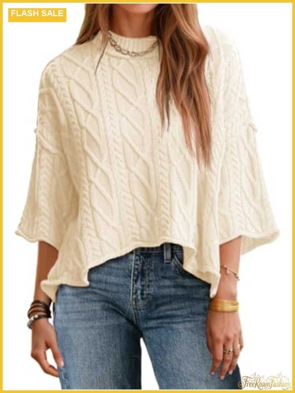 Cable Knit Cropped Sweater Oversized 3/4 Sleeve Pullover